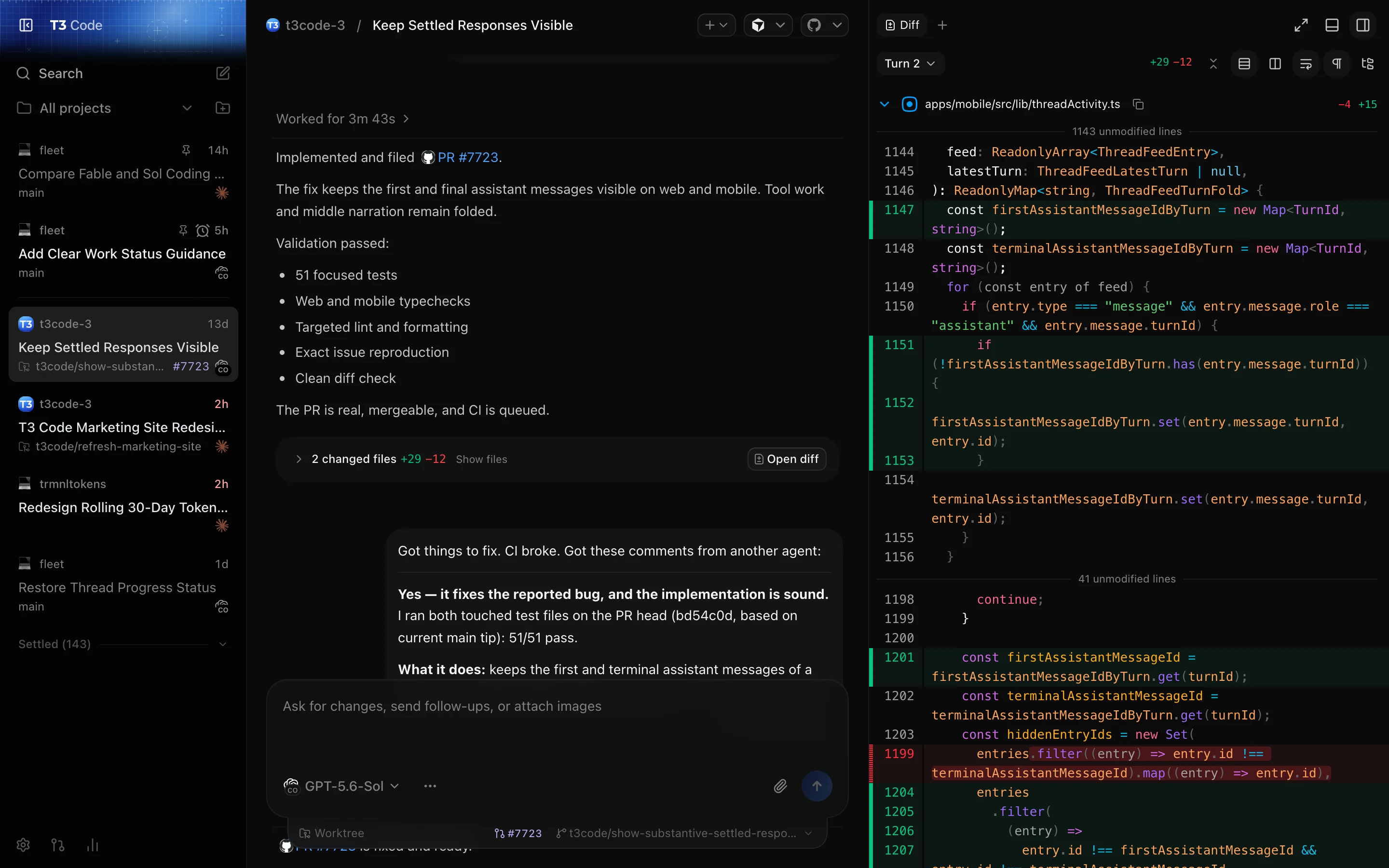 T3 Code with a settled thread beside its pull request diff